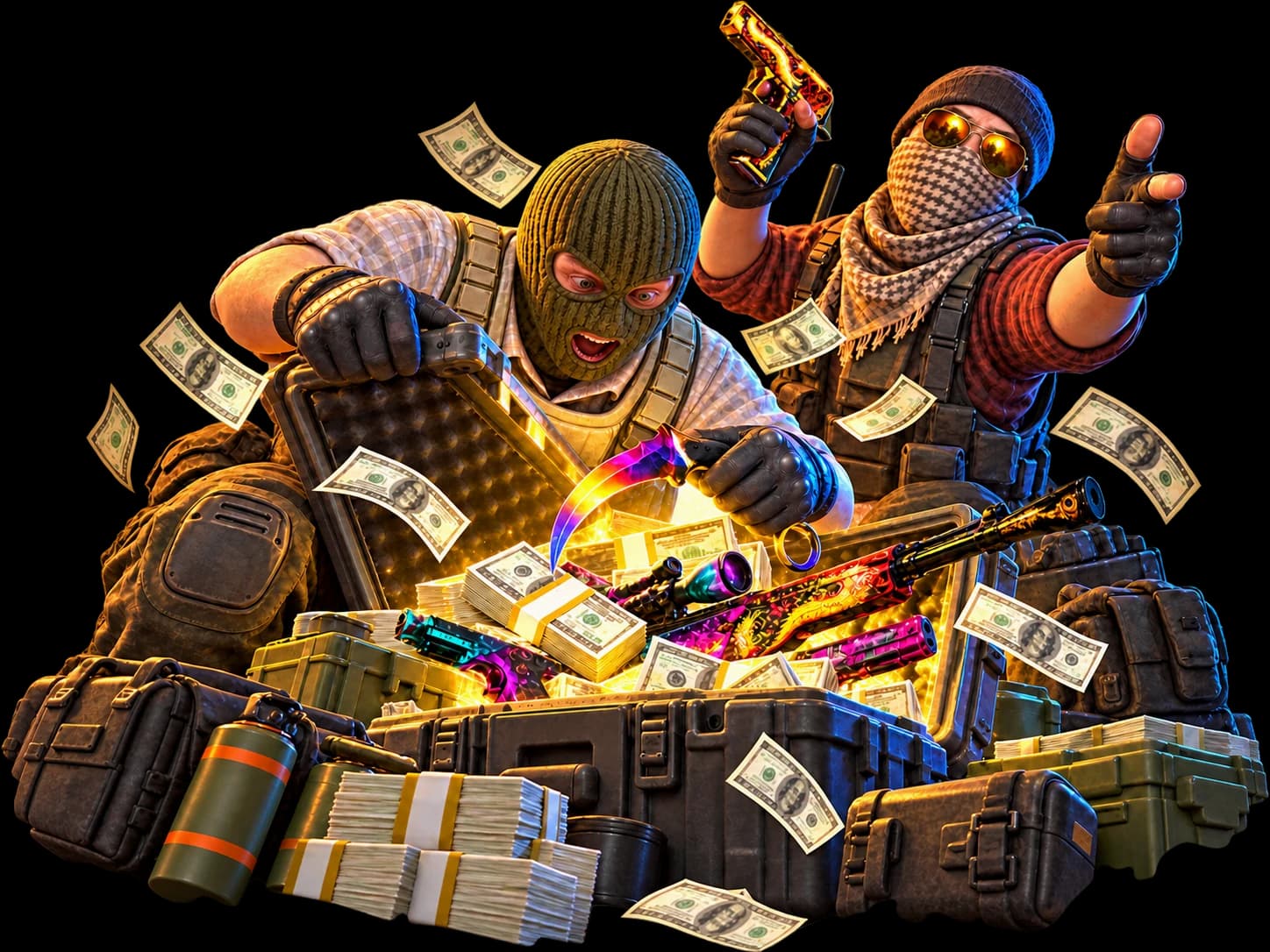 CS2 characters opening a cache of gaming rewards